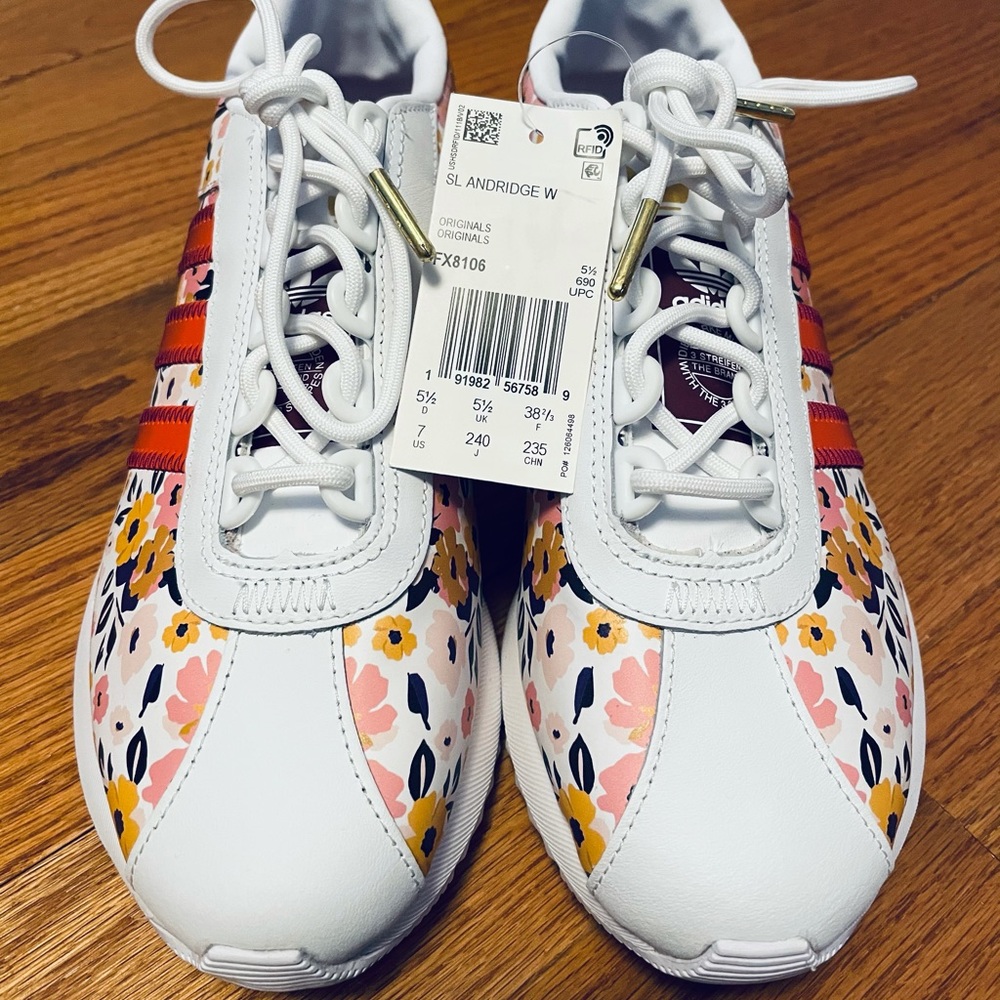 adidas Women's White Sneakers with Floral Print and Orange Stripes - Picture 4 of 12